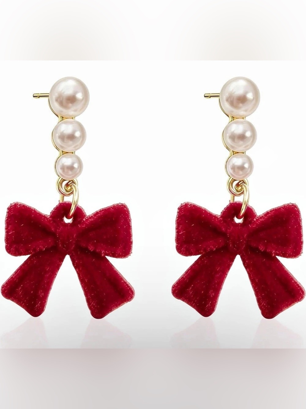NWT Red & Gold Velvet Bow Pearl Drop Earrings